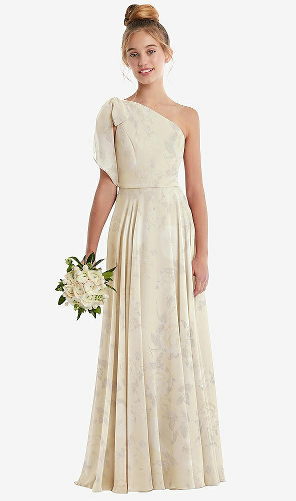 Front View - Butter Yellow Floral One-Shoulder Scarf Bow Chiffon Junior Bridesmaid Dress