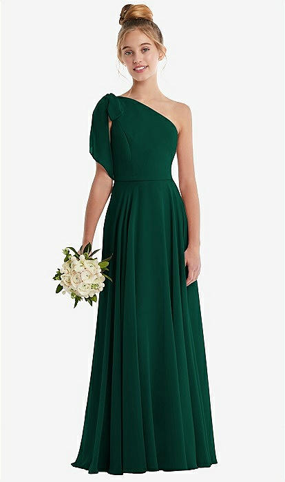 One-shoulder Scarf Bow Chiffon Junior Bridesmaid Dress In Hunter