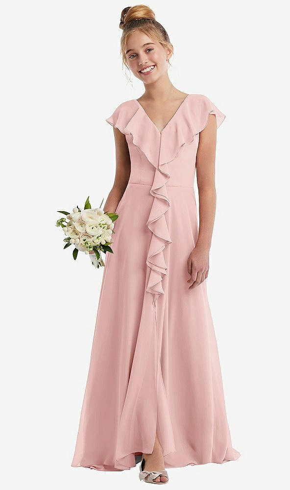 Front View - Rose Cascading Ruffle Full Skirt Chiffon Junior Bridesmaid Dress