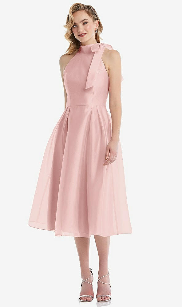Front View - Rose Scarf-Tie High-Neck Halter Organdy Midi Dress