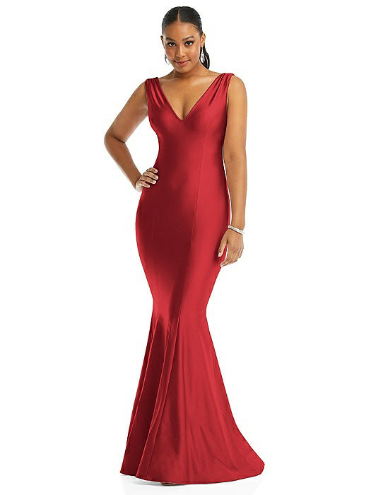 Shirred Shoulder Stretch Satin Mermaid Dress with Slight Train