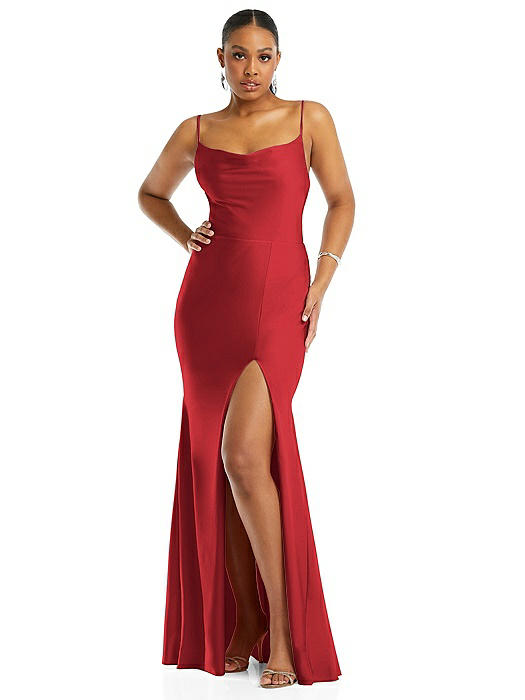 Cowl-Neck Open Tie-Back Stretch Satin Mermaid Dress with Slight Train