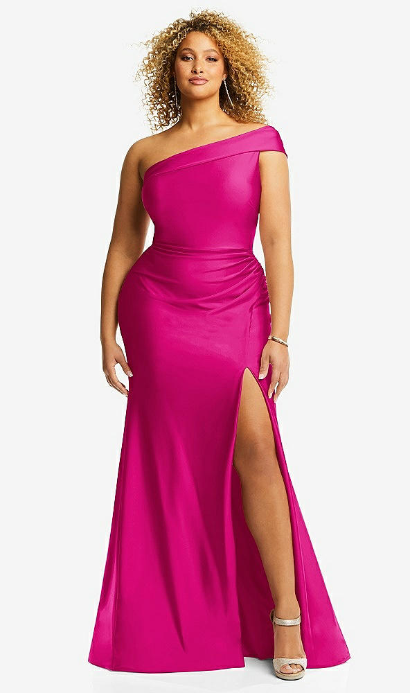 Front View - Think Pink One-Shoulder Bias-Cuff Stretch Satin Mermaid Dress with Slight Train