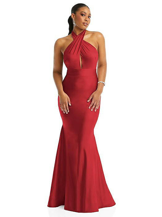 Criss Cross Halter Open-Back Stretch Satin Mermaid Dress