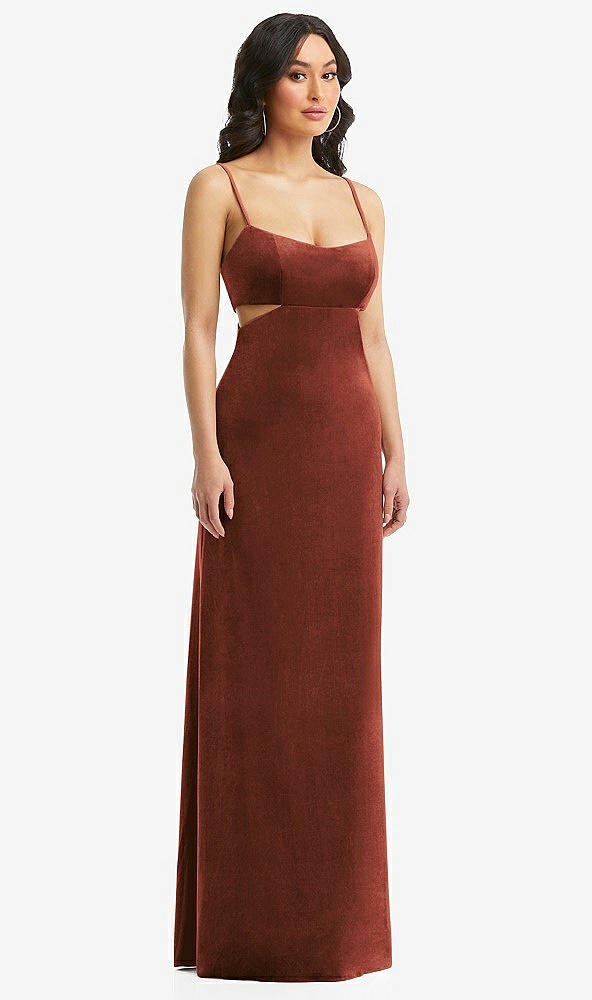 Front View - Auburn Moon Spaghetti Strap Cutout Midriff Velvet Maxi Dress
