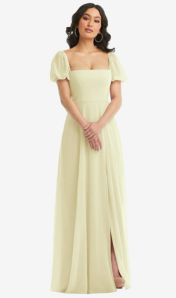 Front View - Butter Yellow Puff Sleeve Chiffon Maxi Dress with Front Slit