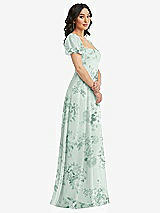 Side View Thumbnail - Mint Green Floral Puff Sleeve Chiffon Maxi Dress with Front Slit