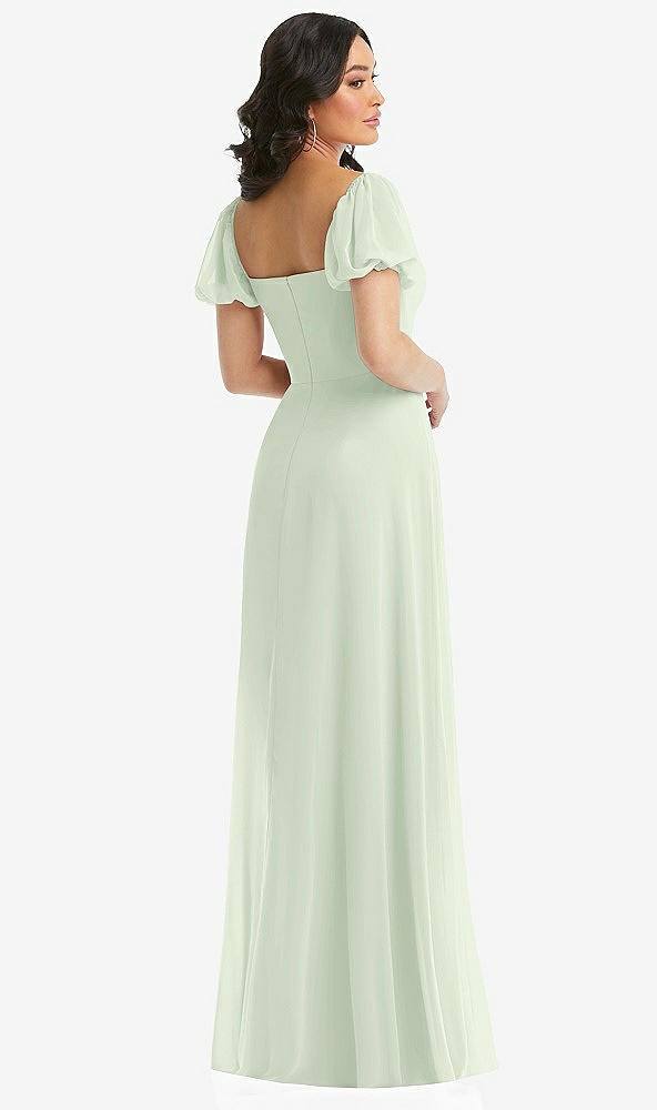 Back View - Mint Green Puff Sleeve Chiffon Maxi Dress with Front Slit