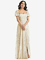 Front View Thumbnail - Butter Yellow Floral Puff Sleeve Chiffon Maxi Dress with Front Slit