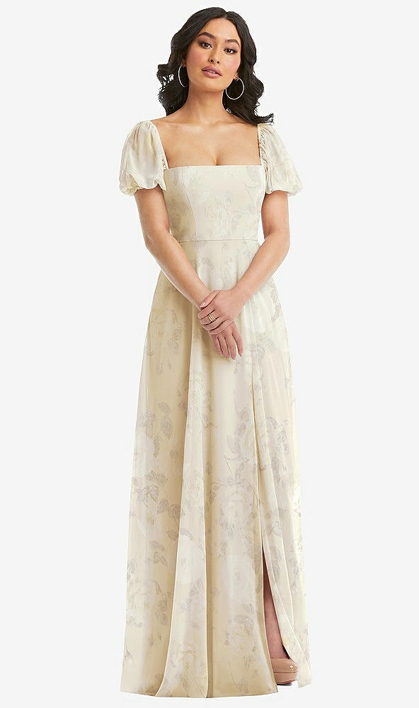 Front View - Butter Yellow Floral Puff Sleeve Chiffon Maxi Dress with Front Slit