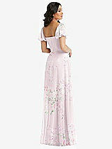 Rear View Thumbnail - Watercolor Print Puff Sleeve Chiffon Maxi Dress with Front Slit
