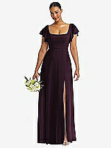 Front View Thumbnail - Deep Plum Flutter Sleeve Scoop Open-Back Chiffon Maxi Dress