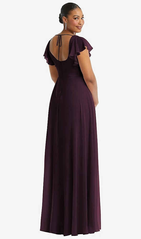 Back View - Deep Plum Flutter Sleeve Scoop Open-Back Chiffon Maxi Dress