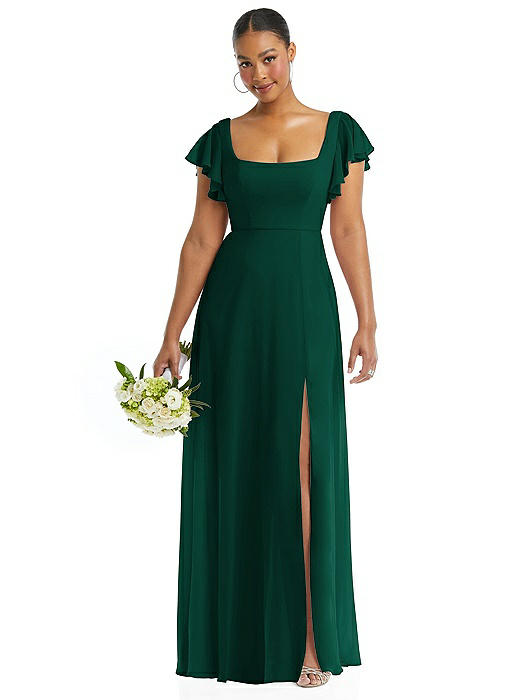 Flutter Sleeve Scoop Open-Back Chiffon Maxi Dress