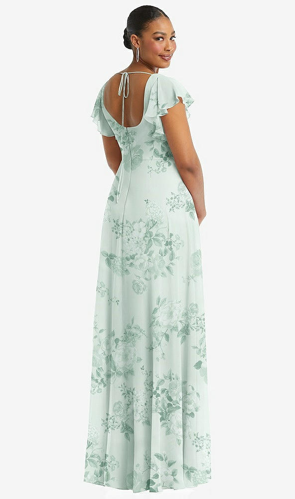 Back View - Mint Green Floral Flutter Sleeve Scoop Open-Back Chiffon Maxi Dress