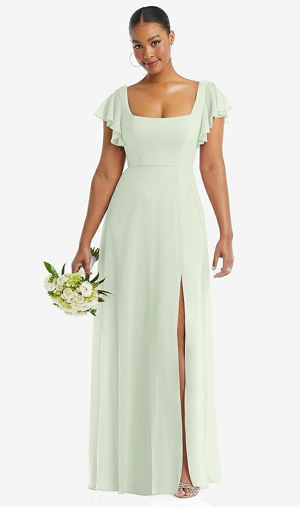 Front View - Mint Green Flutter Sleeve Scoop Open-Back Chiffon Maxi Dress