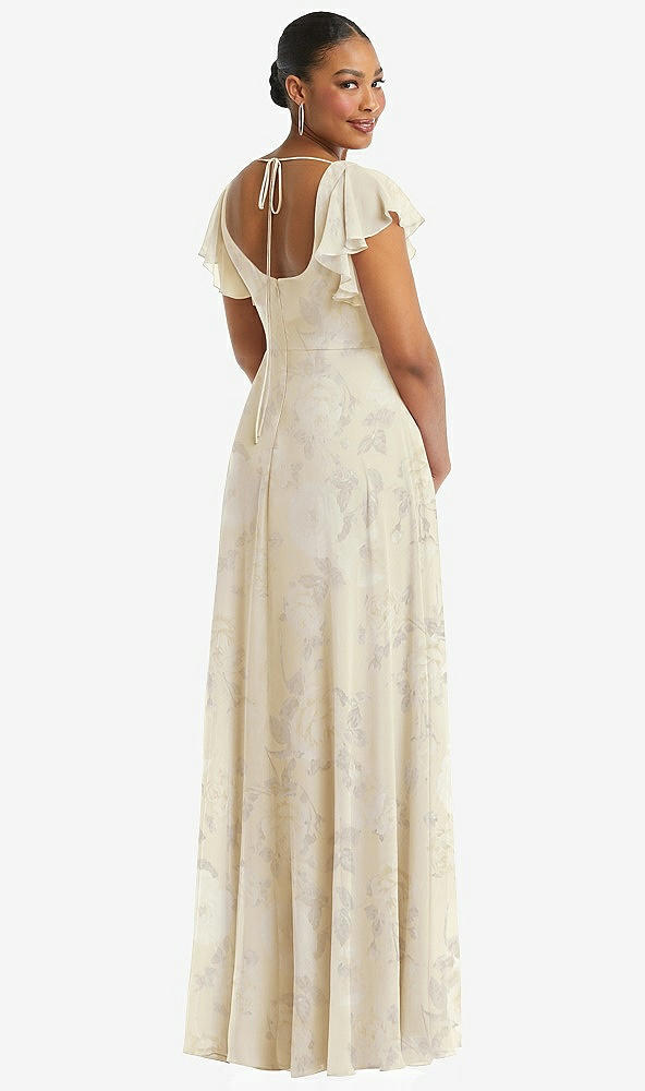 Back View - Butter Yellow Floral Flutter Sleeve Scoop Open-Back Chiffon Maxi Dress