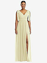 Front View Thumbnail - Butter Yellow Plunge Neckline Bow Shoulder Empire Waist Chiffon Maxi Dress