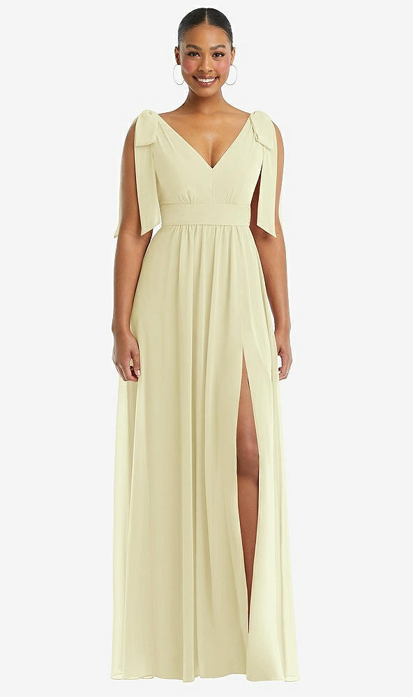 Front View - Butter Yellow Plunge Neckline Bow Shoulder Empire Waist Chiffon Maxi Dress
