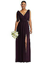 Alt View 1 Thumbnail - Deep Plum Plunge Neckline Bow Shoulder Empire Waist Chiffon Maxi Dress