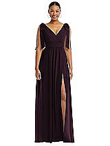 Front View Thumbnail - Deep Plum Plunge Neckline Bow Shoulder Empire Waist Chiffon Maxi Dress
