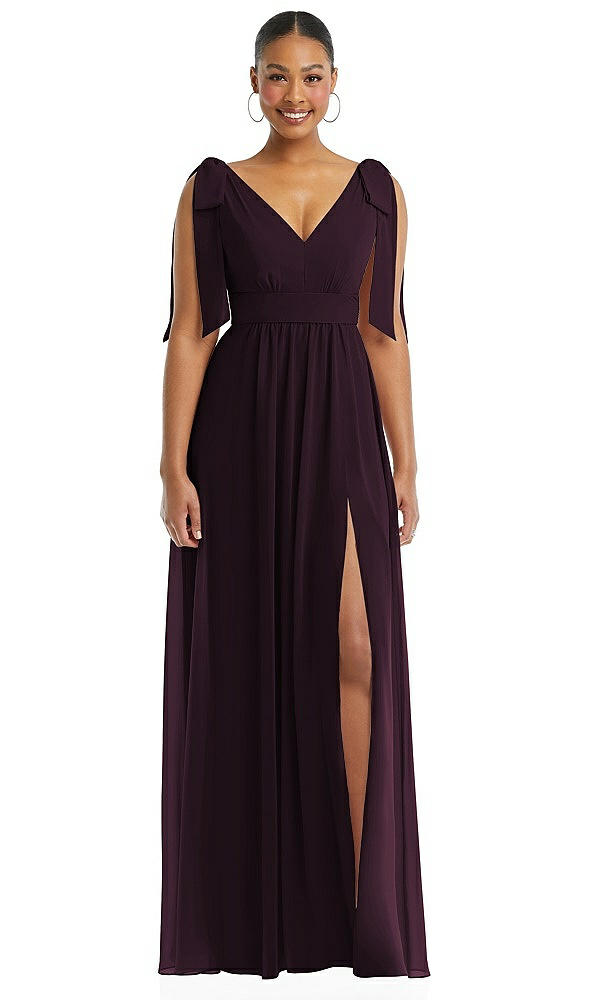 Front View - Deep Plum Plunge Neckline Bow Shoulder Empire Waist Chiffon Maxi Dress