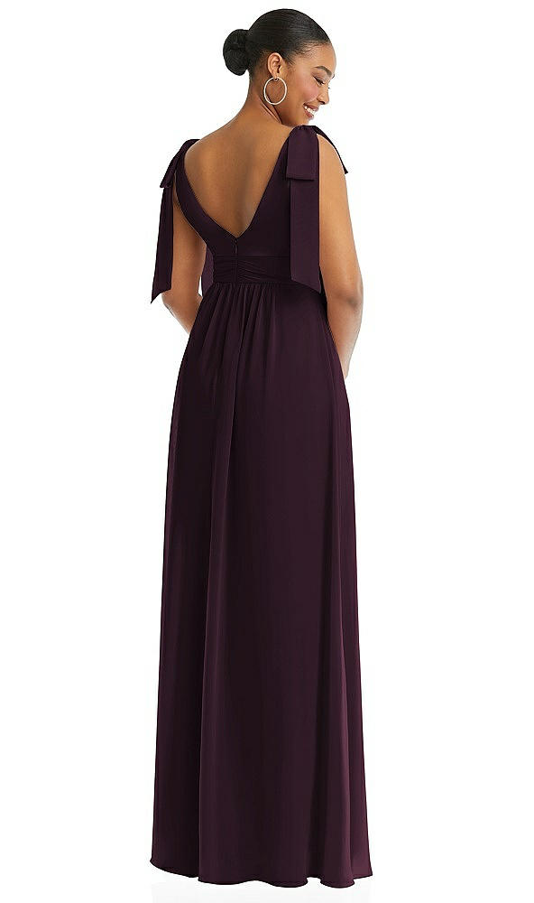 Back View - Deep Plum Plunge Neckline Bow Shoulder Empire Waist Chiffon Maxi Dress