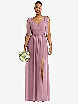 Alt View 1 Thumbnail - Dusty Pink Plunge Neckline Bow Shoulder Empire Waist Chiffon Maxi Dress