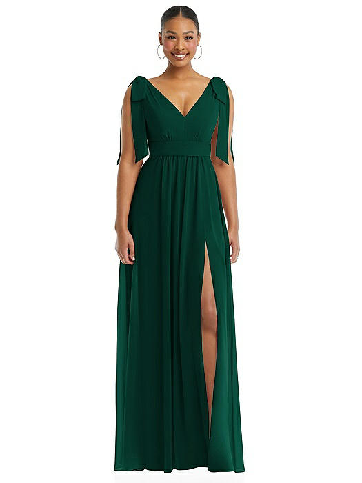 Plunge Neckline Bow Shoulder Empire Waist Chiffon Maxi Dress