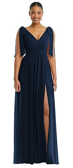 Plunge Neckline Bow Shoulder Empire Waist Chiffon Maxi Dress