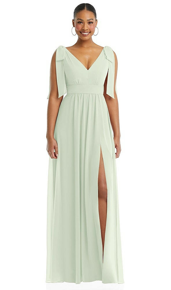 Front View - Mint Green Plunge Neckline Bow Shoulder Empire Waist Chiffon Maxi Dress