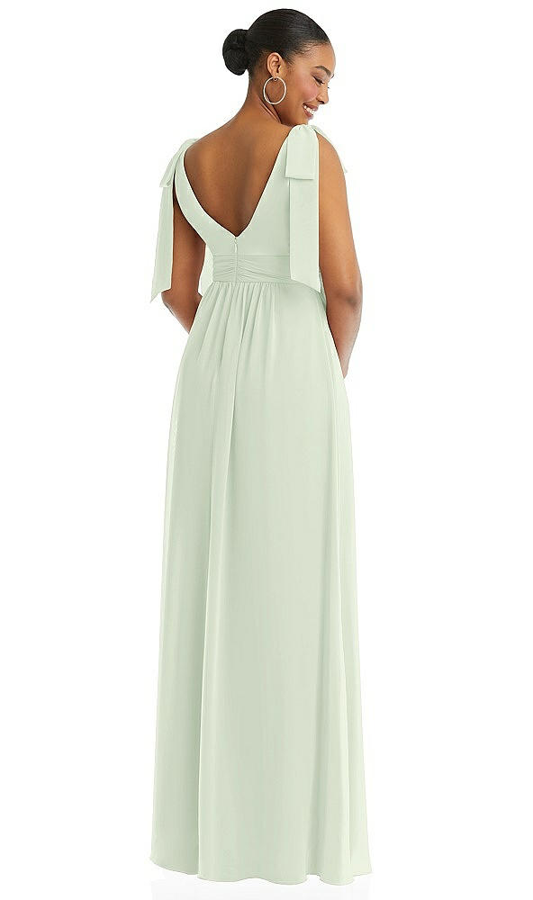 Back View - Mint Green Plunge Neckline Bow Shoulder Empire Waist Chiffon Maxi Dress