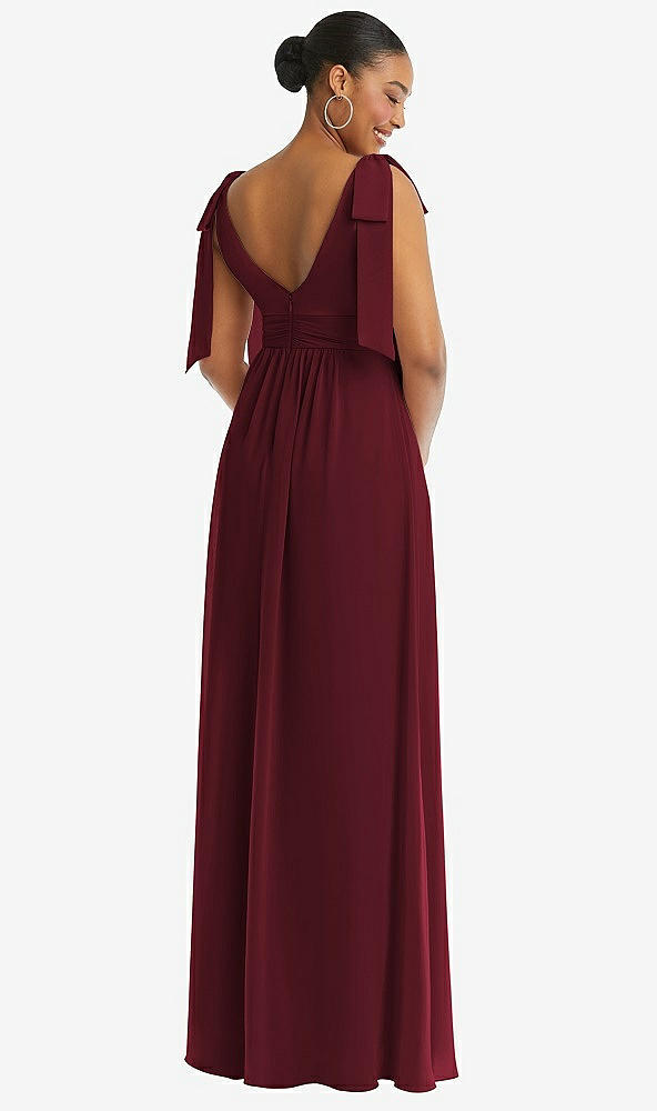 Back View - Cabernet Plunge Neckline Bow Shoulder Empire Waist Chiffon Maxi Dress
