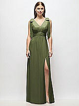 Alt View 2 Thumbnail - Olive Green Plunge Neckline Bow Shoulder Empire Waist Chiffon Maxi Dress