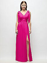 Alt View 2 Thumbnail - Think Pink Plunge Neckline Bow Shoulder Empire Waist Chiffon Maxi Dress