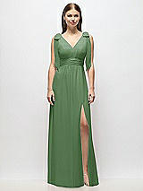 Alt View 2 Thumbnail - Vineyard Green Plunge Neckline Bow Shoulder Empire Waist Chiffon Maxi Dress