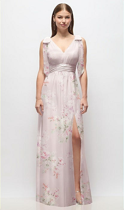 Plunge Neckline Bow Shoulder Empire Waist Chiffon Maxi Bridesmaid