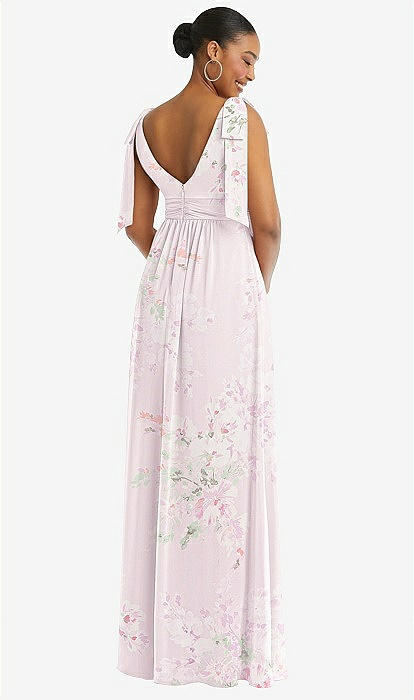 Plunge Neckline Bow Shoulder Empire Waist Chiffon Maxi