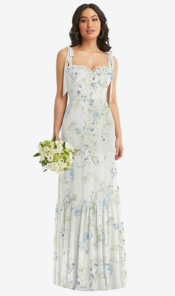 Front View - Bleu Garden Tie-Shoulder Bustier Bodice Ruffle-Hem Maxi Dress