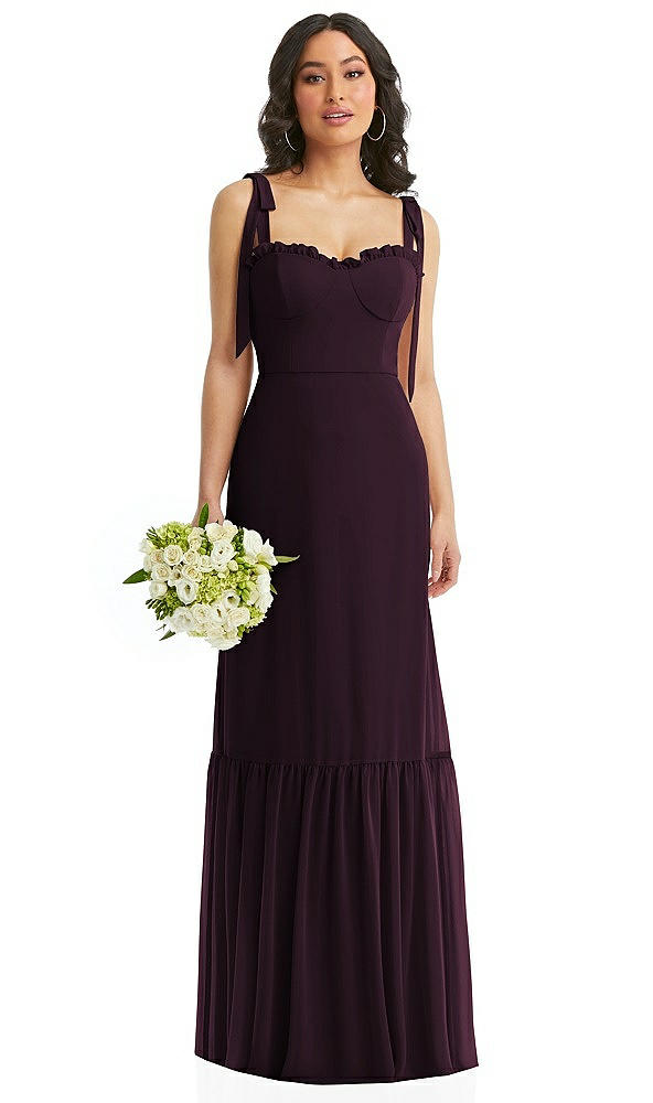 Front View - Deep Plum Tie-Shoulder Bustier Bodice Ruffle-Hem Maxi Dress