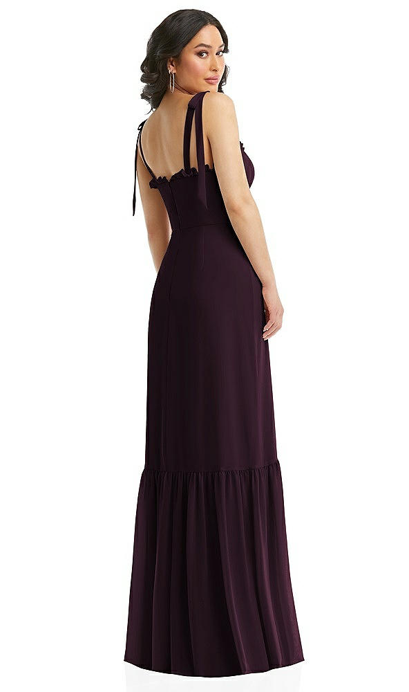 Back View - Deep Plum Tie-Shoulder Bustier Bodice Ruffle-Hem Maxi Dress