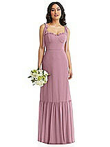 Front View Thumbnail - Dusty Pink Tie-Shoulder Bustier Bodice Ruffle-Hem Maxi Dress