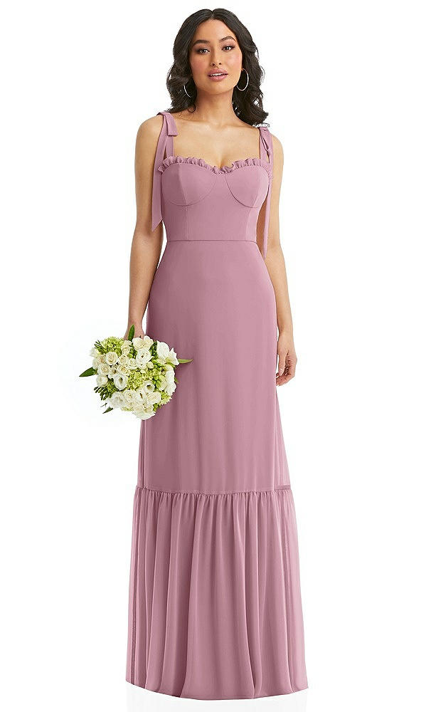 Front View - Dusty Pink Tie-Shoulder Bustier Bodice Ruffle-Hem Maxi Dress