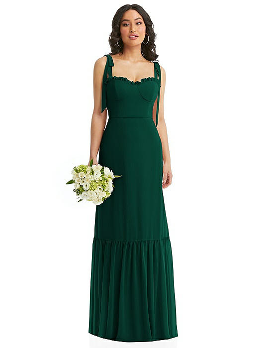 Tie-Shoulder Bustier Bodice Ruffle-Hem Maxi Dress