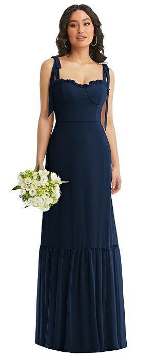 Tie-Shoulder Bustier Bodice Ruffle-Hem Maxi Dress