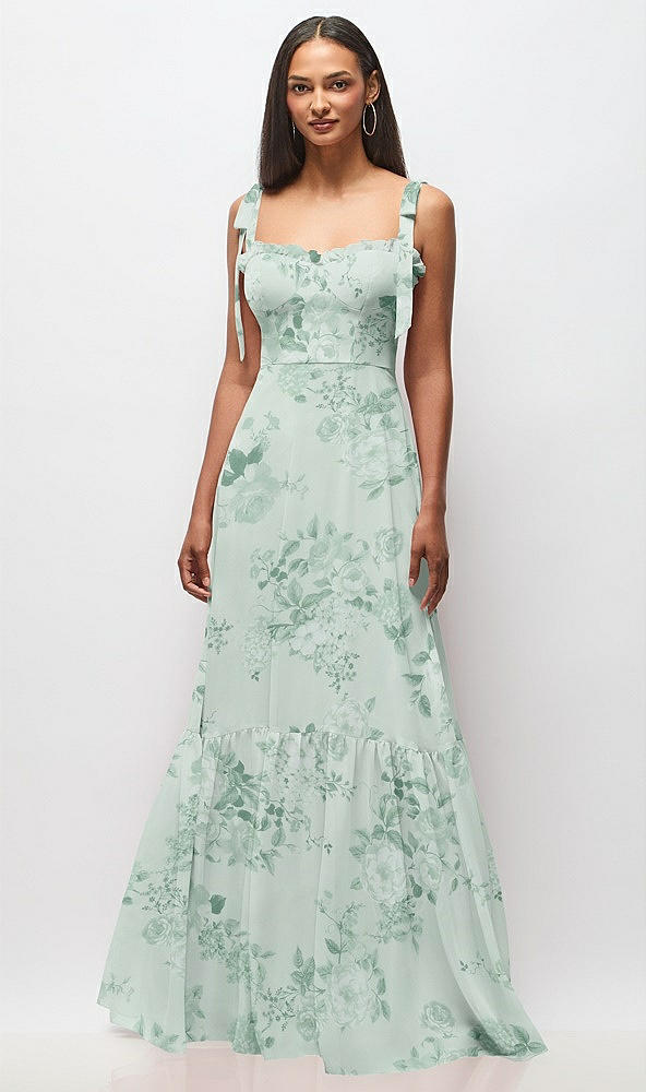 Front View - Mint Green Floral Tie-Shoulder Bustier Bodice Ruffle-Hem Maxi Dress
