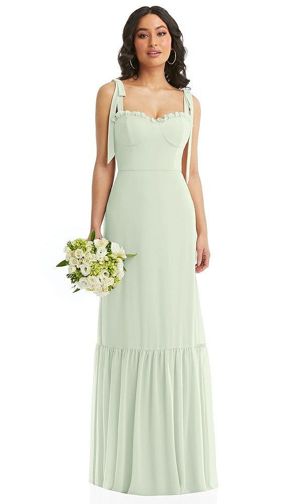 Front View - Mint Green Tie-Shoulder Bustier Bodice Ruffle-Hem Maxi Dress
