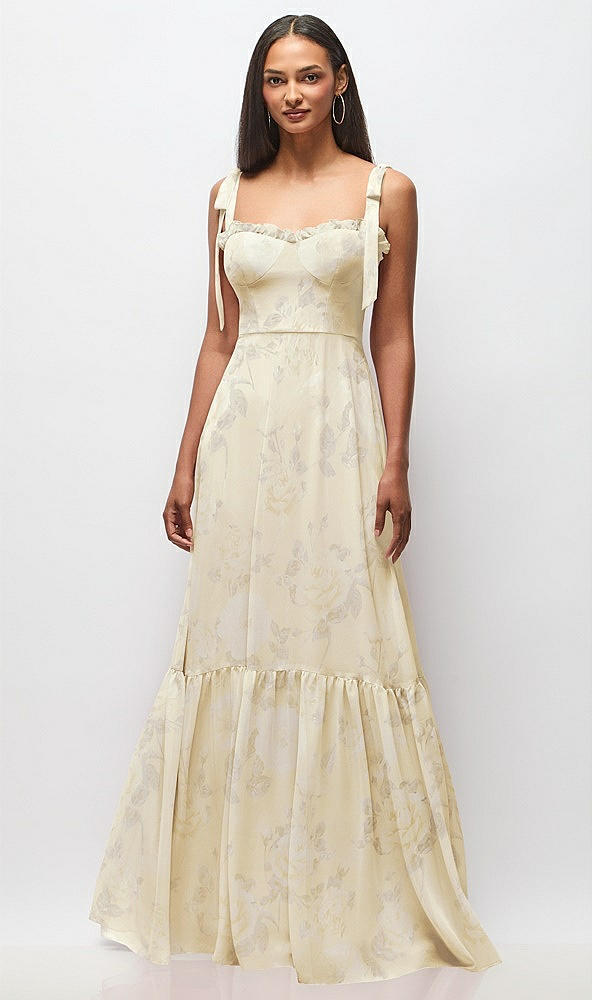 Front View - Butter Yellow Floral Tie-Shoulder Bustier Bodice Ruffle-Hem Maxi Dress