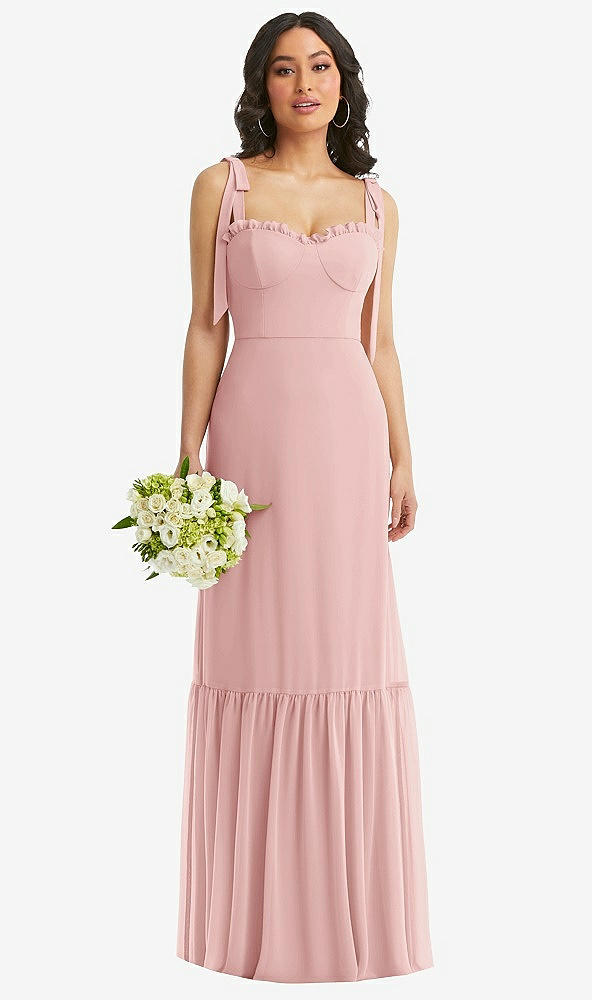 Front View - Rose Tie-Shoulder Bustier Bodice Ruffle-Hem Maxi Dress