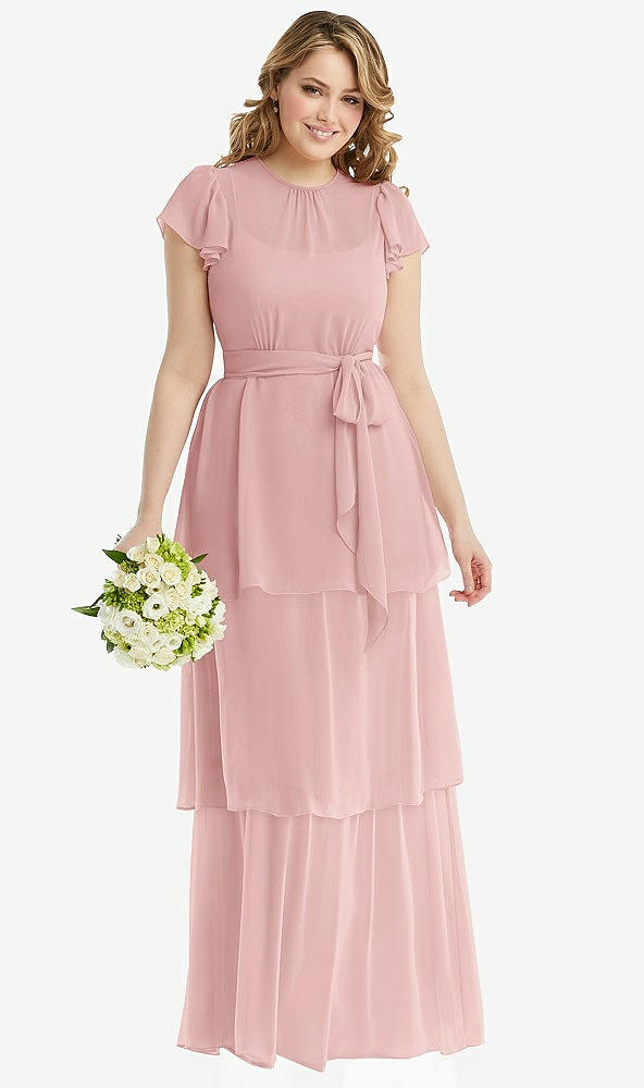 Front View - Rose Flutter Sleeve Jewel Neck Chiffon Maxi Dress with Tiered Ruffle Skirt